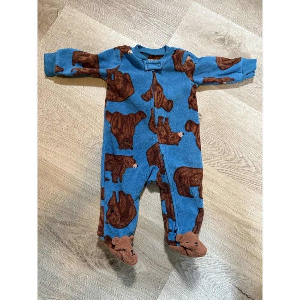Carters 3 Month Fleece Footed Sleeper Blue Brown Bear Print Zip Up 3D Feet